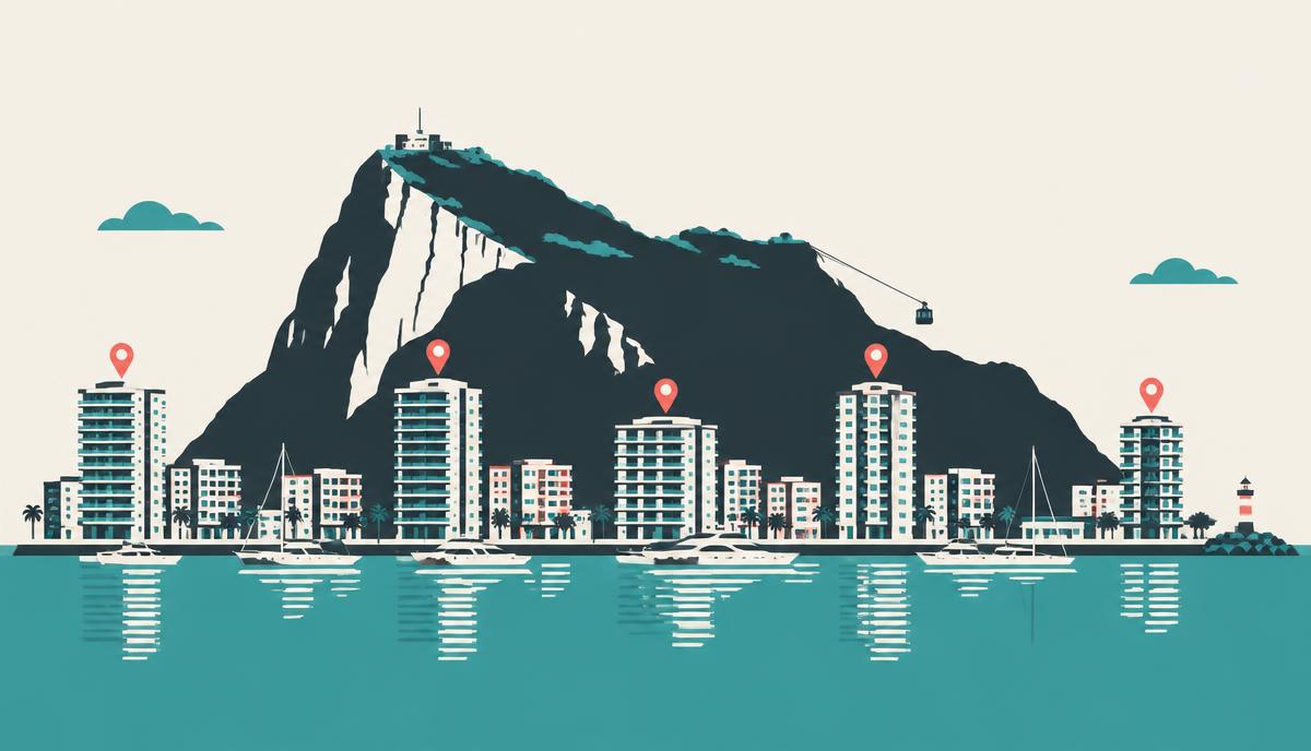 Ilustración del Peñón de Gibraltar con edificios residenciales junto al puerto marcados con pines