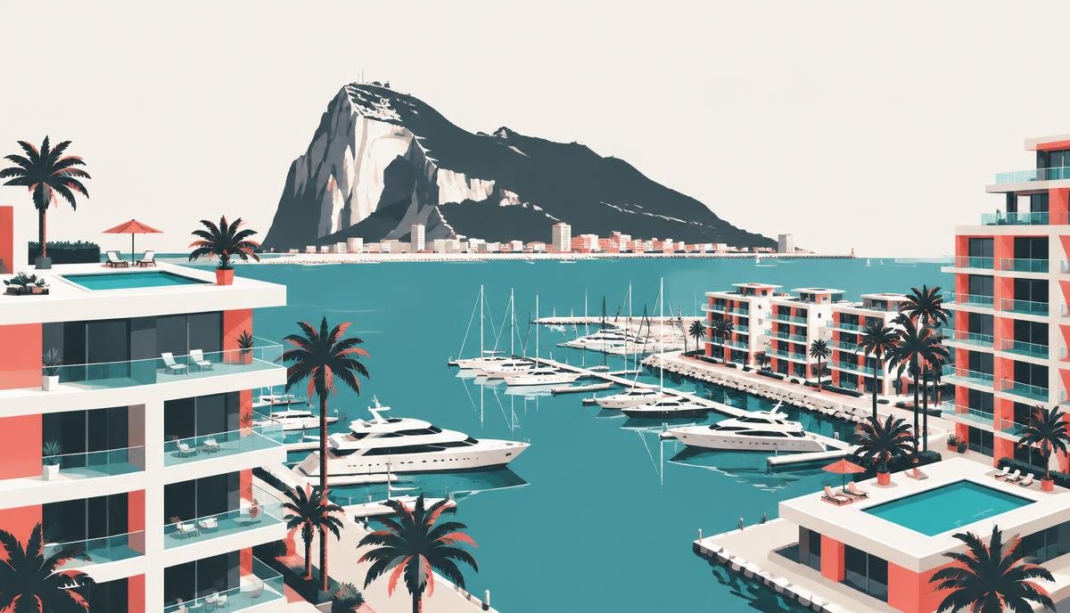 Ilustración del puerto de Ocean Village en Gibraltar con torres residenciales, yates y el Peñón al fondo