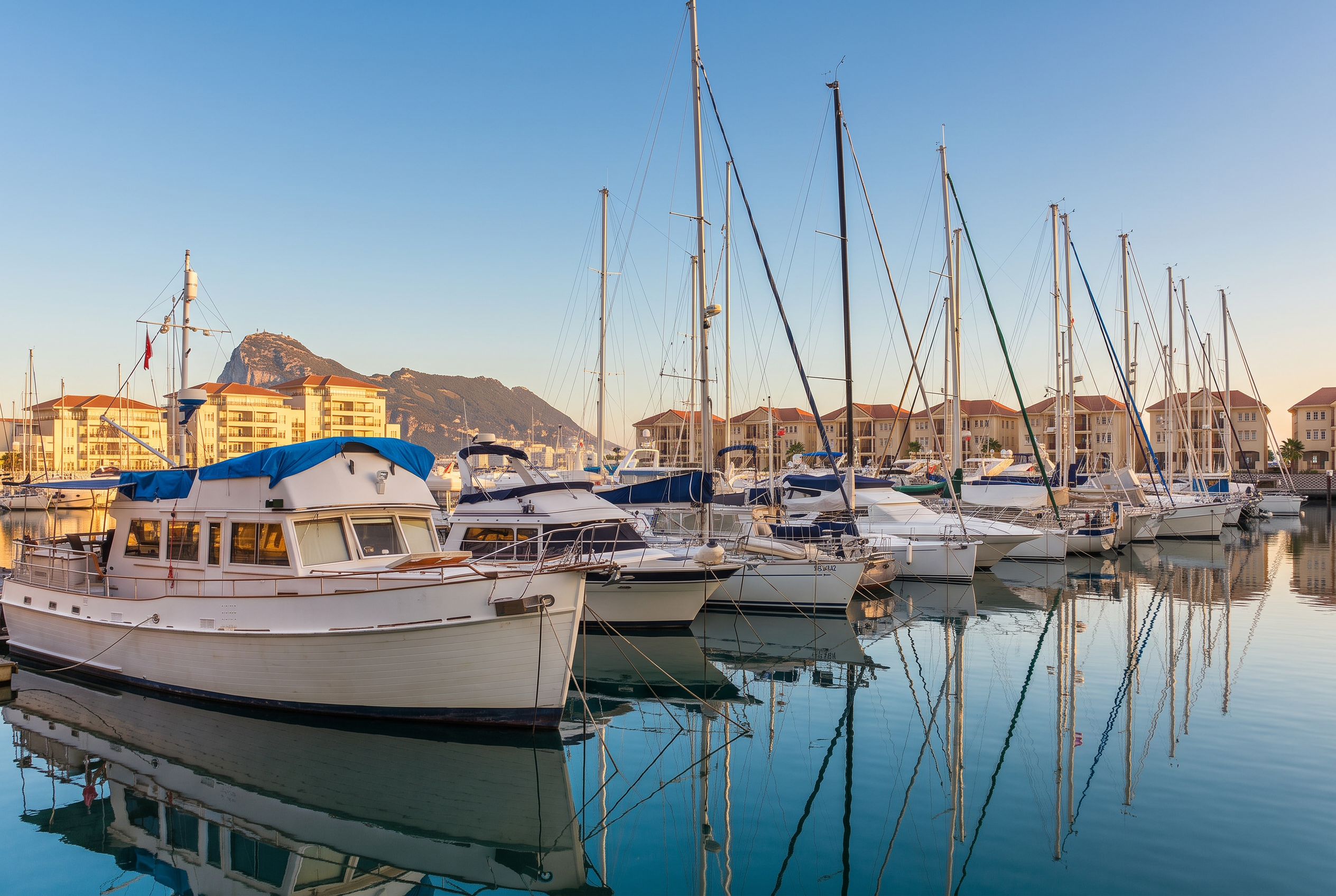 Waterfront apartments and moored yachts at Queensway Quay Marina, Gibraltar